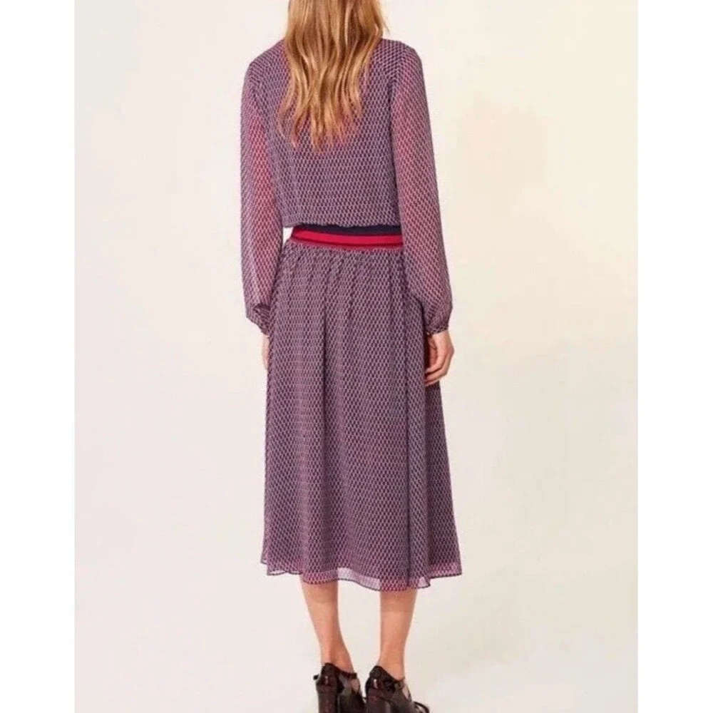 Tory Burch Women’s Mido Dress Blue Red Geometric Silk 12 Midi Career Designer - Picture 3 of 16